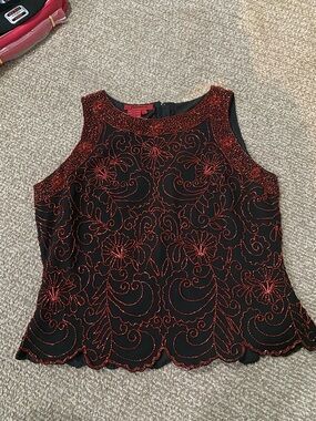 Vintage Beaded Floral Sleeveless Top - Black with Red Accents